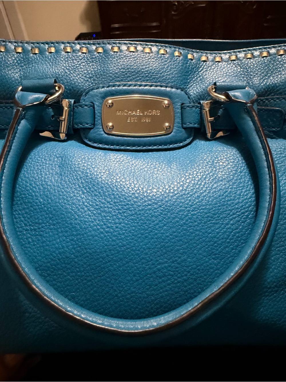 Michael Kors Bright Turquoise Leather Satchel with Stud Accents - Picture 5 of 9